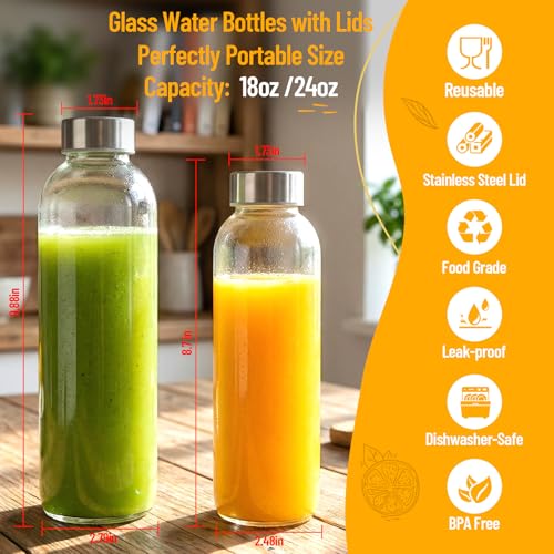 Luxfuel 18 oz Glass Water Bottles, Clear Glass Bottles with Lids 6 Pack - color: Clear Glass Bottle 6Pack, size: 18oz