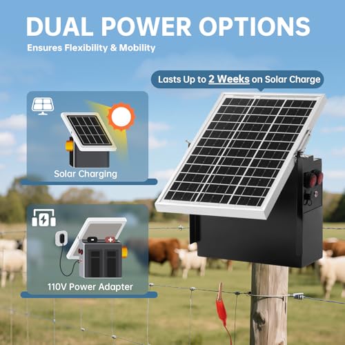 Solar Fence Charger with Warning Light, Briidea 1.2 Joules Solar Electric Fence Energizer, Dual Power (Solar & Adapter), Up to 10-Mile Range, IP64 Weather-Resistant, for Livestock, Garden & Pasture