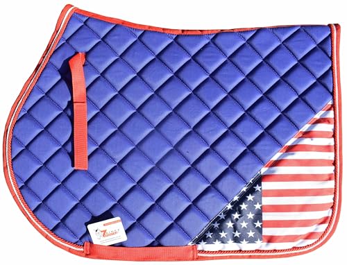 USA Royal Flag Saddle Pad Set with Matching Ear Bonnet – Print Horse Riding Gear – Non-Slip/Breathable – Western/English Show