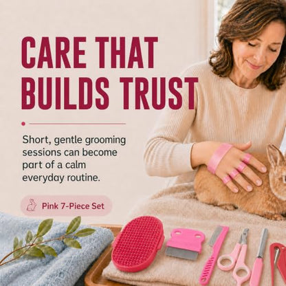 Rabbit Grooming Kit, 7-Piece Bunny Brush and Nail Care, Pink | 7 tools for loose fur, combing, light tangles and nail care; for rabbits, guinea pigs, hamsters and ferrets - color: Pink