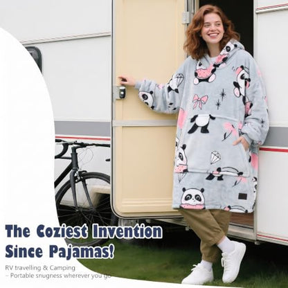 Catalonia Oversized Blanket Hoodie, Panda Print Fleece Wearable Blanket - color: Girl Panda Grey