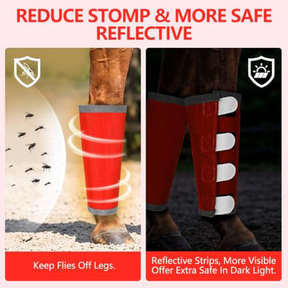 Fly Boots for Horses Set of 4 with Reflective Vercros, Loose Fitting Mesh Horse Fly Boots Leggings, Adjustable Equine Leg Wraps & Socks, Stay Up Not Sag, No Rub - color: Red