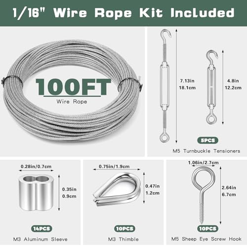 Dpyrrhic Turnbuckles for Cables Wires, 100Ft 1/16 Inch Stainless Steel Vinyl Coated Wire Trellis Kit,M5 Turnbuckle Tension Kit for Cable Railing Clothesline DIY Balustrades,String Lights Hanging - size: 100Ft