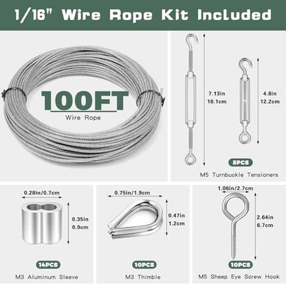 Dpyrrhic Turnbuckles for Cables Wires, 100Ft 1/16 Inch Stainless Steel Vinyl Coated Wire Trellis Kit,M5 Turnbuckle Tension Kit for Cable Railing Clothesline DIY Balustrades,String Lights Hanging - size: 100Ft