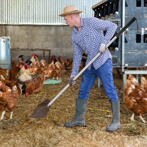 Kalekey Heavy Duty Chicken Coop Rake and Scoop, 15 Inch Extra Large Chicken Coop Rake with Adjustable Stainless Steel Handle (25 to 73 Inch)，Metal Multi-Use Cleaning Shovel for Coops, Beach（Brown）
