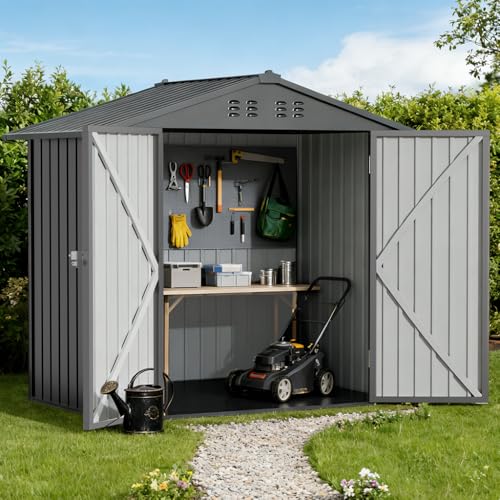 COMHOMA 6'x4' Shed Outdoor Storage Metal with Lockable Doors & Vents | Weatherproof Garden Utility Tool House, Spacious Galvanized Steel Ventilated Backyard Workshop, Gray - color: Gray, size: 6'*4'