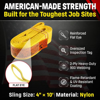 DD Sling 4 Inch x 10 Foot Nylon Lifting Sling – USA Made, 11,500 lb Vertical, 9,200 lb Choker, 23,000 lb Basket – 2-Ply Heavy Duty 900 Webbing, Type 3 Flat Eye & Eye Rigging Sling - size: 4"x10'