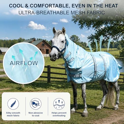 Mini Horse & Pony Mesh Fly Sheet with Neck & Belly Wrap Blue 40 - color: Cyan Blue, size: 40"