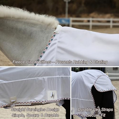 BARN & STABLE Breathable and UV Protective Tear-Resistant Mesh Horse Fly Sheet Comfy Equine Summer Sheet with Removable Web Leg Straps - color: White - Loose Fit, size: 75 in