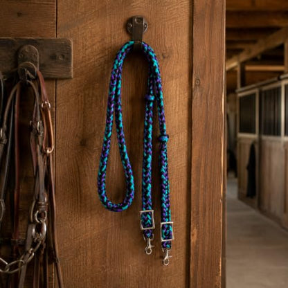 CHALLENGER Horse Western Nylon Braided 8 Ft. Knotted Roping Barrel Reins Purple Teal Orange 60737 - color: Purple / Turquoise / Black