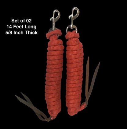 Majestic Ally 14' Pack of 2 Poly Training Lead Rope with Leather Popper for Horses & Livestock – 14 Foot Long and 5/8 inch Thick - Replaceable Heavy-Duty Bolt Snap (Red) - color: Red