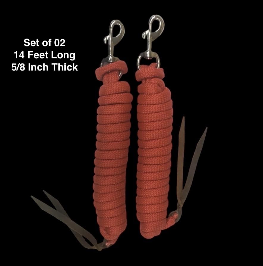 Majestic Ally 14' Pack of 2 Poly Training Lead Rope with Leather Popper for Horses & Livestock – 14 Foot Long and 5/8 inch Thick - Replaceable Heavy-Duty Bolt Snap (Red) - color: Red