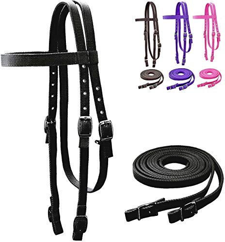 Tahoe Tack Plain Double Layer Nylon Headstall with Reins - color: Black, size: Cob