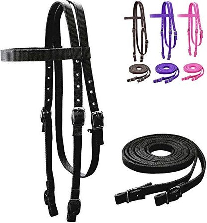 Tahoe Tack Plain Double Layer Nylon Headstall with Reins - color: Black, size: Draft