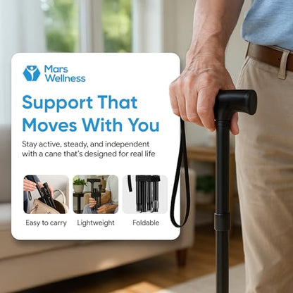 Mars Wellness Folding Cane - Adjustable Walking Cane for Women & Men - Collapsible Walking Stick for Seniors, Travel & Stability - Portable Mobility Aid