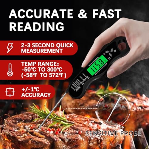 Cooking Thermometer，IP67 Waterproof Meat Thermometer Digital - color: Black