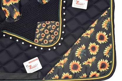 Sunflower Print Saddle Pad Set + Matching Ear Bonnet – Equestrian Riding Gear – Horse Show Accessories Dressage, Hunter/Jumper - size: COB