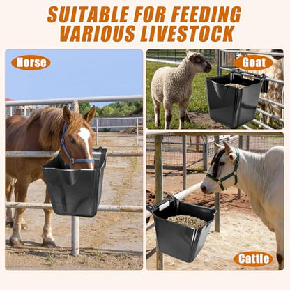 15 Qt Hook-Over Plastic Livestock Horse Feed Bucket, 6-Pack, Black | Heavy duty 15 quart hanging Fence Hay Feeder, mountable feed bucket for horse, sheep, cattle, ideal for stalls & pasture use