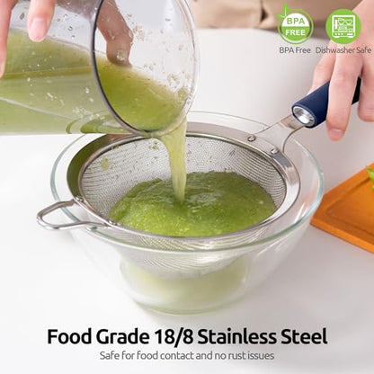 18/8 Stainless Steel Mesh Strainer: U-Taste 5.5 Inch Kitchen Fine Mesh Sieve Food Colander with Riveted Sturdy Silicone Handle and 30 Mesh Hole for Straining Flour, Pasta, Fruit, Quinoa(Midnight Blue) - color: (3) Midnight Blue, size: Medium (5.5 x 13 in)