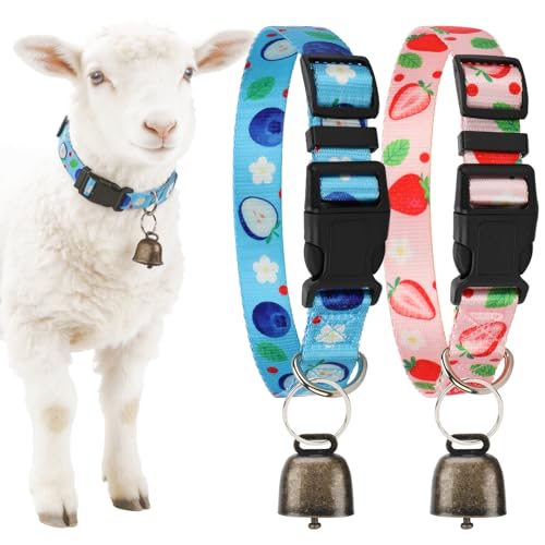 2 Pack Goat Collars with Bells，Fruit Adjustable Nylon Set - color: Pink Printing + Blue Printing