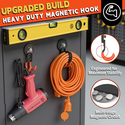 ULIBERMAGNET New Upgraded Garage Strong Magnetic Hooks, 4 Pack Heavy Duty Large J Hooks with Magnet, Anti-Slip Coating Magnet Hooks for Garden Tools, Ropes,Drill - style: V1 PRO 2.59" Medium J Orange 4PC