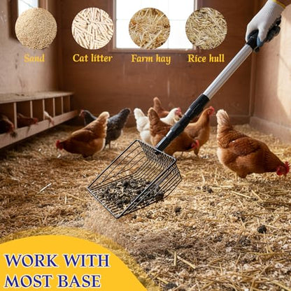 DAMAH 2-in-1 Chicken Poop Scooper & Rake, Adjustable 23-46" Stainless Steel Handle, Litter Scooper & Sand Sifting Shovel for Chicken Coop Goat Stall and Stable Cleaning