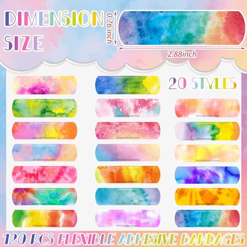 Panelee 120 Pcs Kids Bandages Bulk Waterproof Flexible, Tie Dye Style - style: Tie Dye Style