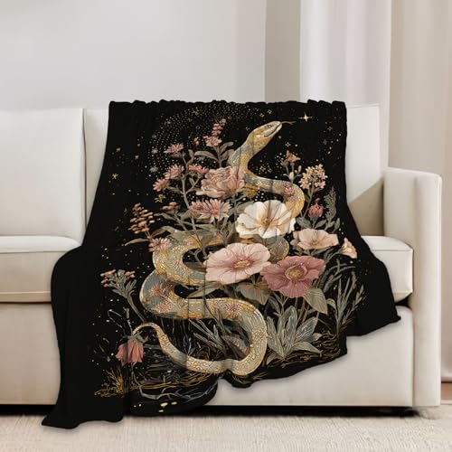 Golden Snake Blanket Fantasy Floral Reptiles Throw Blanket 60"x50" - color: Golden Snake, size: 60"x50"