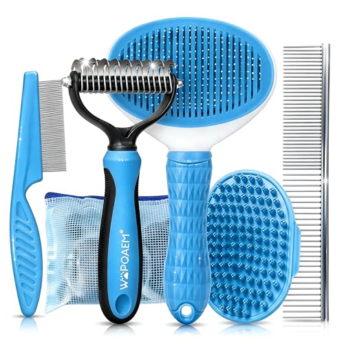 5-in-1 Dog Grooming Kit with Self Cleaning Brush & Rake, Blue - color: Blue