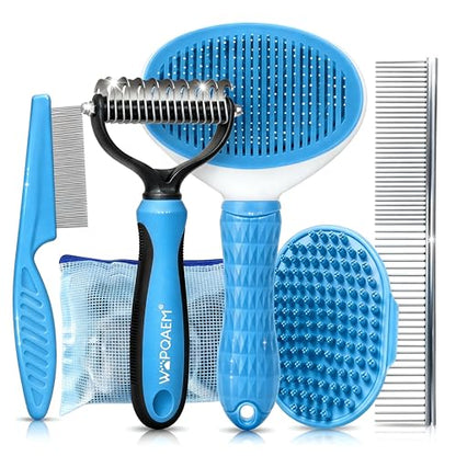 5-in-1 Dog Grooming Kit with Self Cleaning Brush & Rake, Blue - color: Blue