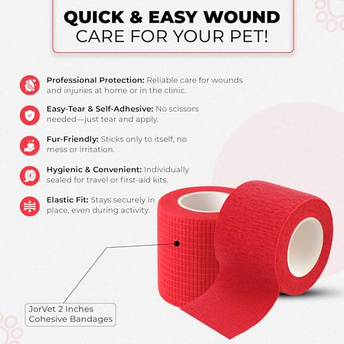 JorVet 2" x 5 Yards Cohesive Bandages | Fun Self-Adhesive Wrap for Animal Wound | Easy Tear, No Scissors Needed | Individually Wrapped Vet Tape, Secure & Flexible | Brilliant Red | Pack of 12 - size: 2 Inch