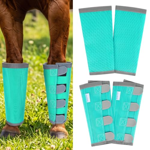 Fly Boots for Horses Set of 4 with Reflective Vercros, Loose Fitting Mesh Horse Fly Boots Leggings, Adjustable Equine Leg Wraps & Socks, Stay Up Not Sag, No Rub - color: Mint