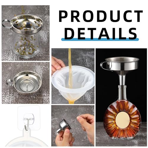 Baderke 17 pcs Stainless Steel Funnel Set Wide Mouth Canning Funnels Metal Mason Jar Funnel with Strainer Kitchen Funnels for Filling Mason Jars Mesh Filter Brushes and Adhesive Hooks, Silver