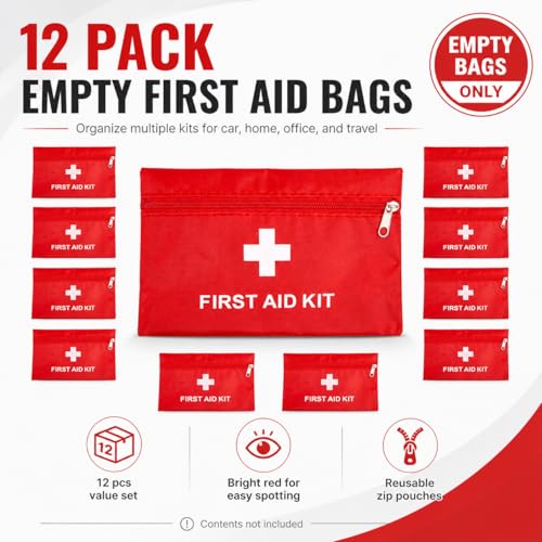 QCWN 12 Pack Empty First Aid Bag Mini Medical Kit Pouch Small Travel Emergency Survival Storage Bags for Car Home Hiking Camping Waterproof Red - size: 12 Pack