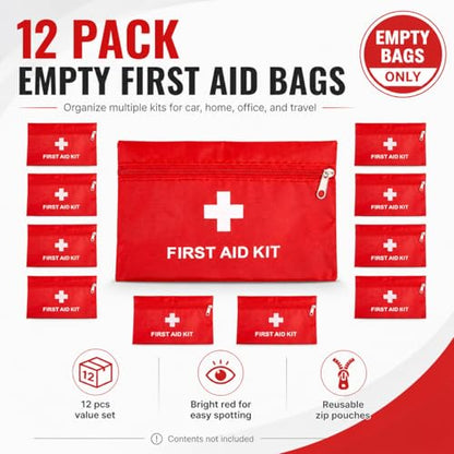 QCWN 12 Pack Empty First Aid Bag Mini Medical Kit Pouch Small Travel Emergency Survival Storage Bags for Car Home Hiking Camping Waterproof Red - size: 12 Pack