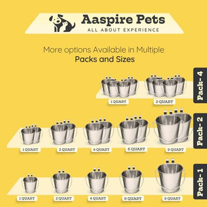 2 Quart Stainless Steel Flat Sided Bucket with Dual Hooks | 2 Pcs Durable Food & Water Bowl for Dog Cats Bird & Small Animals | Fits kennel Cage Crates Hanging Pet Pail | Multipurpose use - size: 2 Quart (Pack of 2)