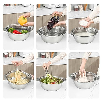Paoli 304 Stainless Steel Fine Mesh Colander Set, 2QT Large Capacity Strainer with Mixing Bowl — Rinse Fruits, Veggies, Rice & Drain Pasta, Dishwasher Safe (2-Piece) - color: Primary color with handle, size: 2qt