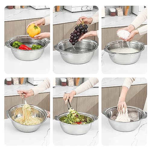 Paoli 304 Stainless Steel Fine Mesh Colander Set, 5QT Large Capacity Strainer with Mixing Bowl — Rinse Fruits, Veggies, Rice & Drain Pasta, Dishwasher Safe (2-Piece) - color: Primary color with handle, size: 5qt
