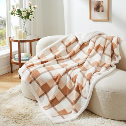 PU MEI Super Soft Faux Rabbit Fur Sherpa Fleece Throw Blanket, Reversible Luxury Cozy Cute Furry Blanket, Plush Warm Shaggy Fluffy Checkered Blankets for Sofa Couch Bed (Beige-Plaid, 60" x 80") - color: Beige-plaid, size: 60"*80"
