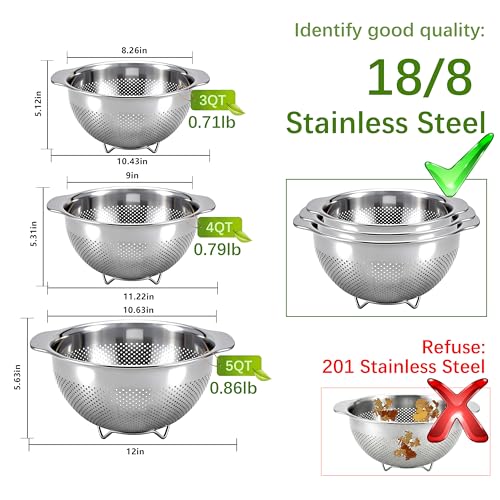Stainless Steel Colander for Kitchen with Handle for Pasta (3QT) - size: 3QT
