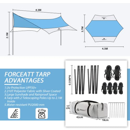 Forceatt 12x14FT Tarp with 2 Poles, Waterproof Anti-UV Camping Tarp Car Awning (UPF50+), Lightweight Sun Shelter for Car, Tent and Hammock in Hiking, Backpacking, Garden and Traveling - color: Light Blue