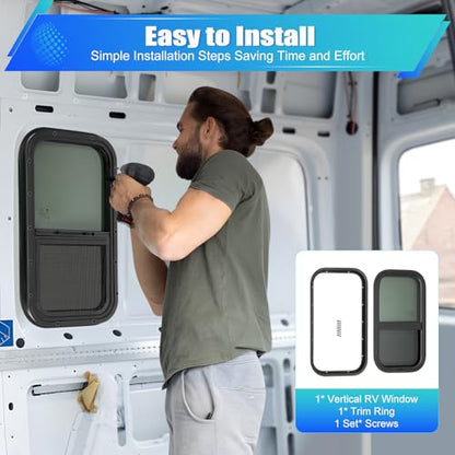 Vertical RV Window, 23.3*13.4*1.7in, Tinted Sliding RV Window, RV Window Replacement, Teardrop Style, with Net Screen and Trim Ring, Fit for Thickness Wall 0.12-0.24in and 2.13in