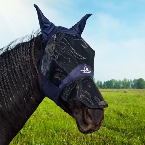 Horse Fly Mask with Ears and Extended Nose, Large Eye Space for Comfort, UV Protective Mesh Horse Mask with Shaped Nose and Upgraded Hook and Loop Fastener (Dark Navy Blue, Cob (Medium)) - size: Cob (Medium)