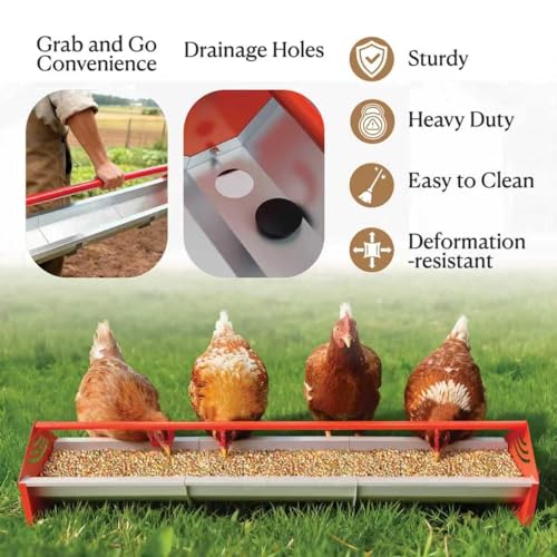 47" Chicken Trough Feeder - Galvanized Steel Feed Trough with Drainage Holes & Red Crossbar for Chicken, Duck, Turkey | Heavy Duty, Rust-Proof & Easy-Clean Design - color: Orange