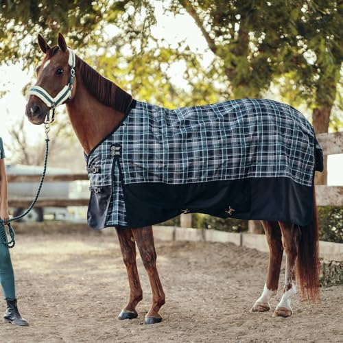 HORZE Nevada 1200D Lightweight Waterproof Horse Turnout Sheet with Fleece Lining (No Fill) - Dark Navy/Storm Green - 84 in