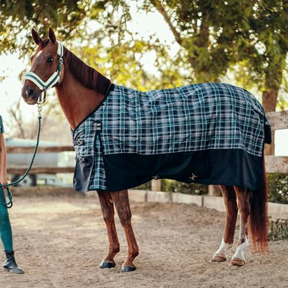 HORZE Nevada 1200D Lightweight Waterproof Horse Turnout Sheet with Fleece Lining (No Fill) - Dark Navy/Storm Green - 84 in