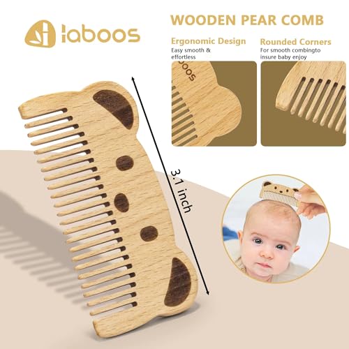 Baby Hair Brush and Comb Set for Newborns & Toddlers - Wooden Handle and Natural Soft Goat Bristles,Gentle Cradle Cap Care,Baby Massage and Scalp Brush,Ideal Baby Registry Gift,Beech with Cute Bear