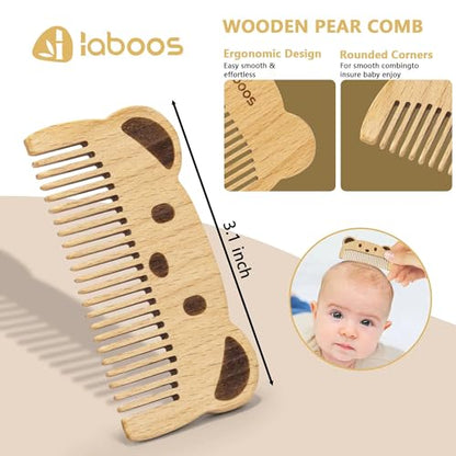 Baby Hair Brush and Comb Set for Newborns & Toddlers - Wooden Handle and Natural Soft Goat Bristles,Gentle Cradle Cap Care,Baby Massage and Scalp Brush,Ideal Baby Registry Gift,Beech with Cute Bear