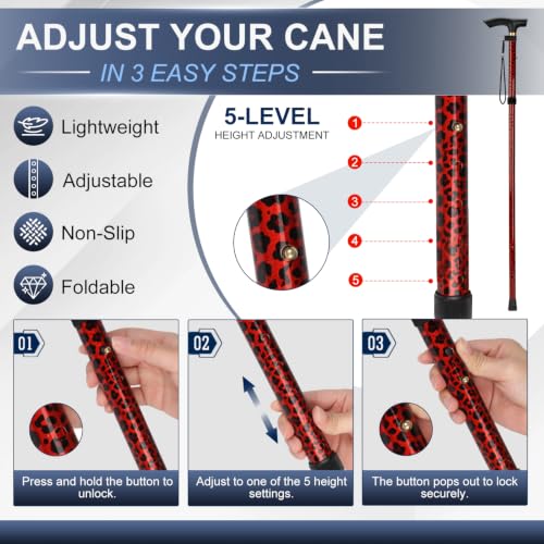 supregear Folding Cane, 5-Level Adjustable Height Walking Stick Lightweight Collapsible Portable Travel Cane with Wrist Strap and T Handle for Elderly Disabled Men Women - color: Leopard Red