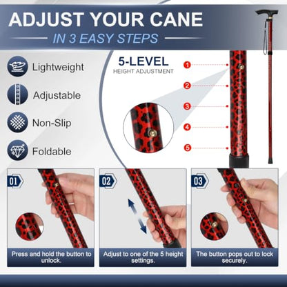 supregear Folding Cane, 5-Level Adjustable Height Walking Stick Lightweight Collapsible Portable Travel Cane with Wrist Strap and T Handle for Elderly Disabled Men Women - color: Leopard Red